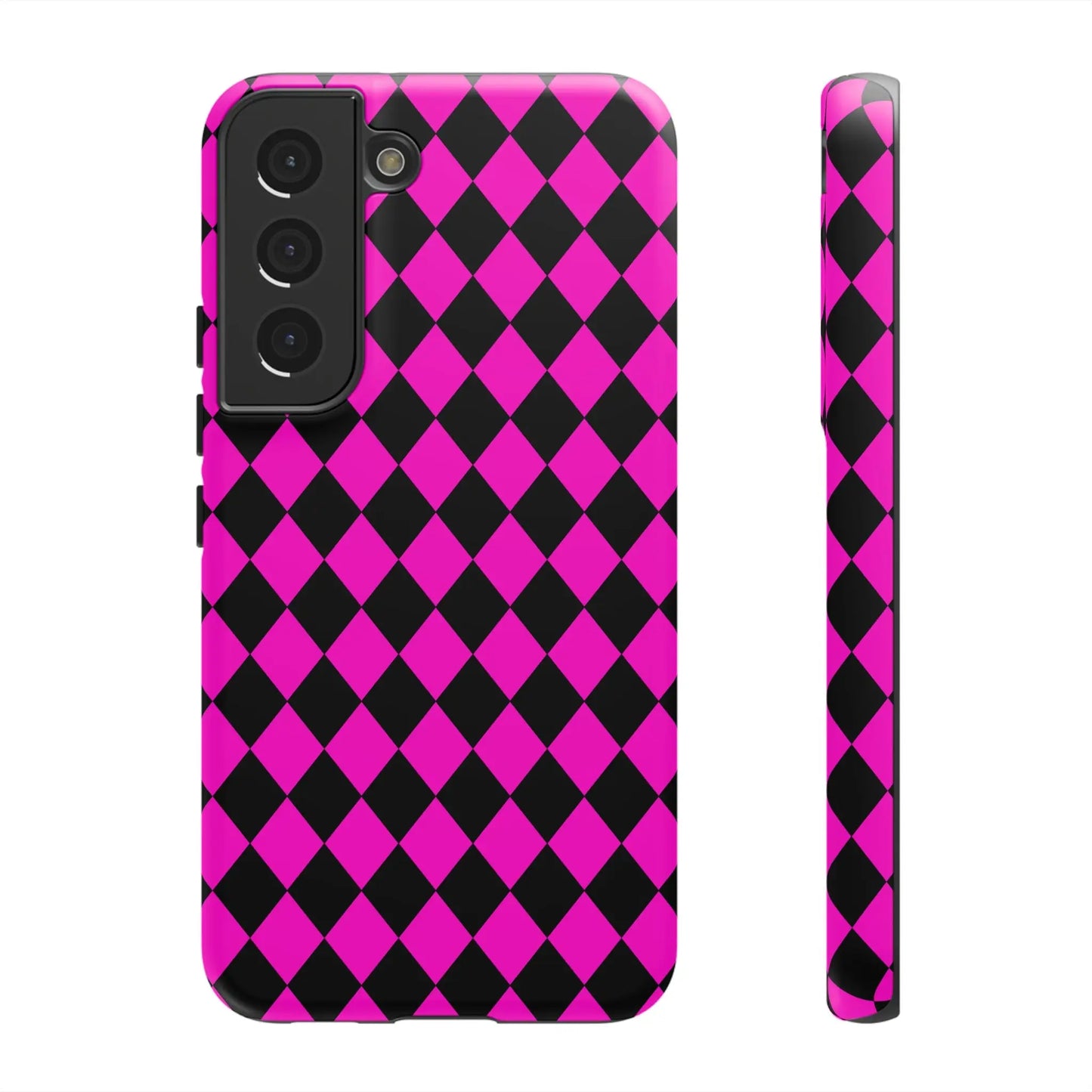 Back side of vibrant pink black dimond phone case designed for samsung galaxy s21 with diamond pattern cover