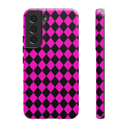 Back side of vibrant pink black dimond phone case designed for samsung galaxy s21 with diamond pattern cover