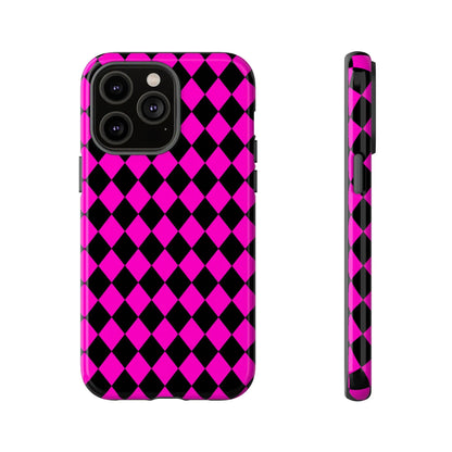 Back side of a vibrant pink black dimond phone case with sleek protective design for iphone google s24 and samsung pixel 7