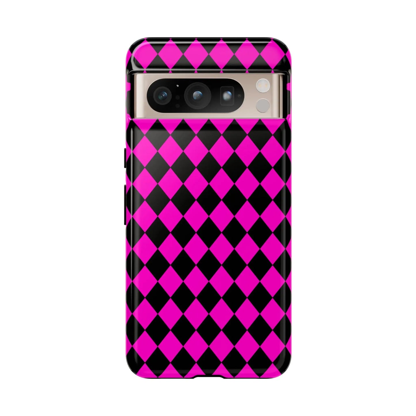 Vibrant pink black dimond phone case cover with glossy finish shown from back for iphone google s24 and samsung pixel 7