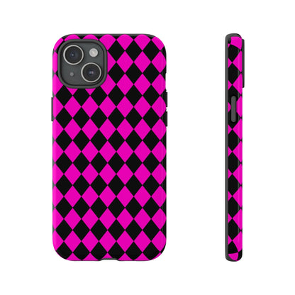 Back side of vibrant pink black dimond phone case cover with sleek protective design for iphone google s24 and samsung pixel 7