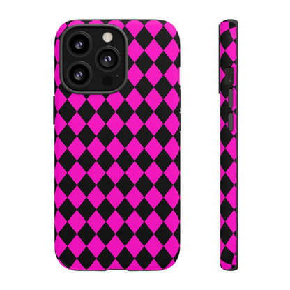 Back side of vibrant pink black dimond phone case cover with sleek protective design for iphone google s24 samsung pixel 7