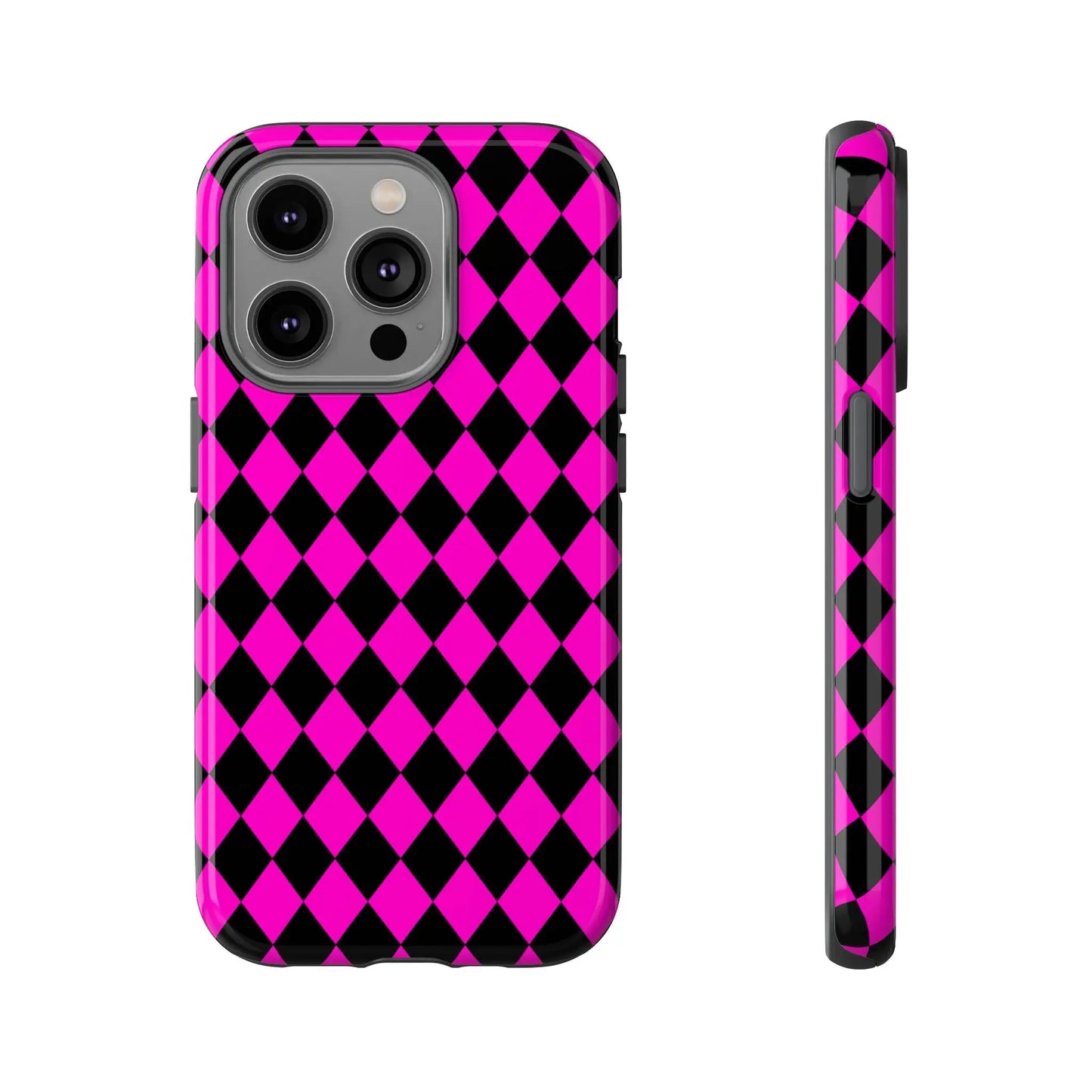 Back side of a vibrant pink black dimond phone case cover with sleek protective design for iphone google s24 and samsung pixel 7