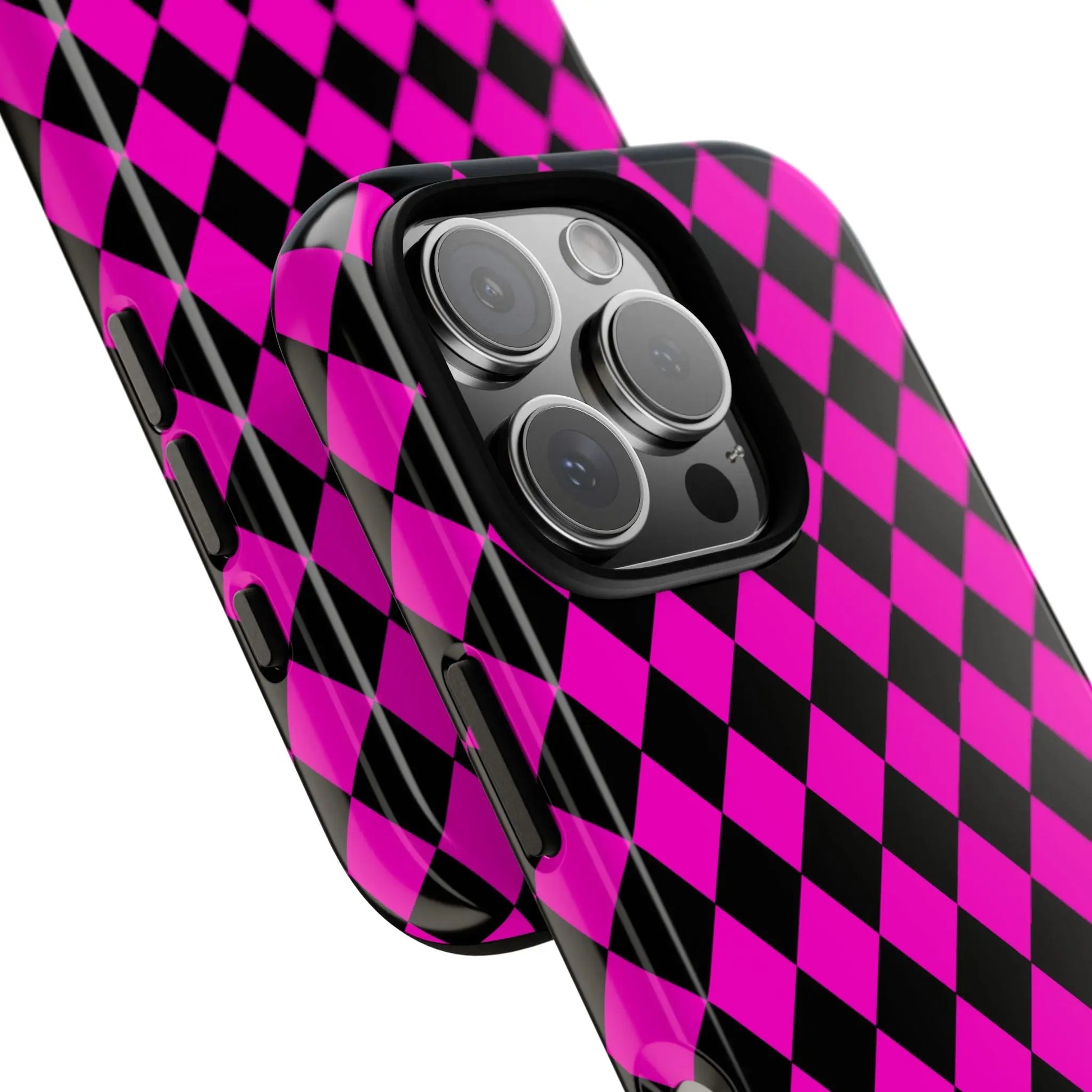 Vibrant pink black dimond phone case cover with glossy finish showing back side for iphone google s24 and samsung pixel 7
