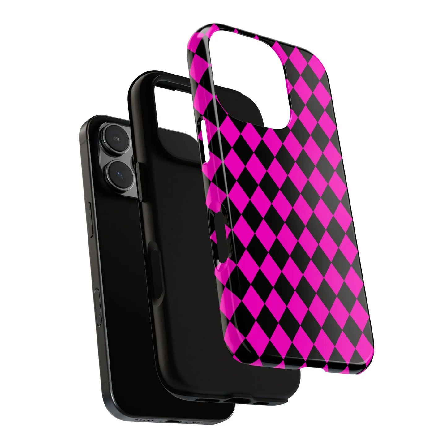 Vibrant pink black dimond phone case cover with glossy finish showing the back side for iphone google s24 samsung pixel 7