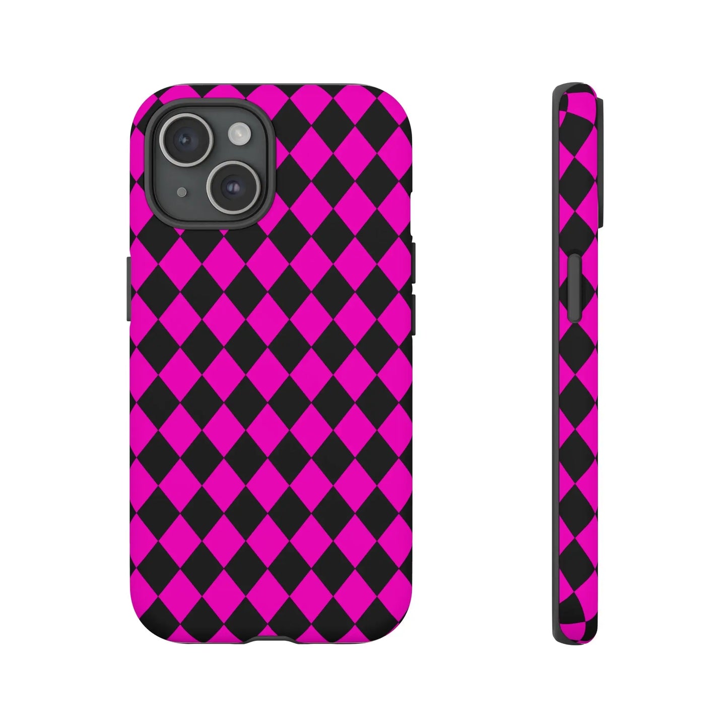Back view of vibrant pink black dimond phone case cover with sleek protective design for iphone google s24 and samsung pixel 7