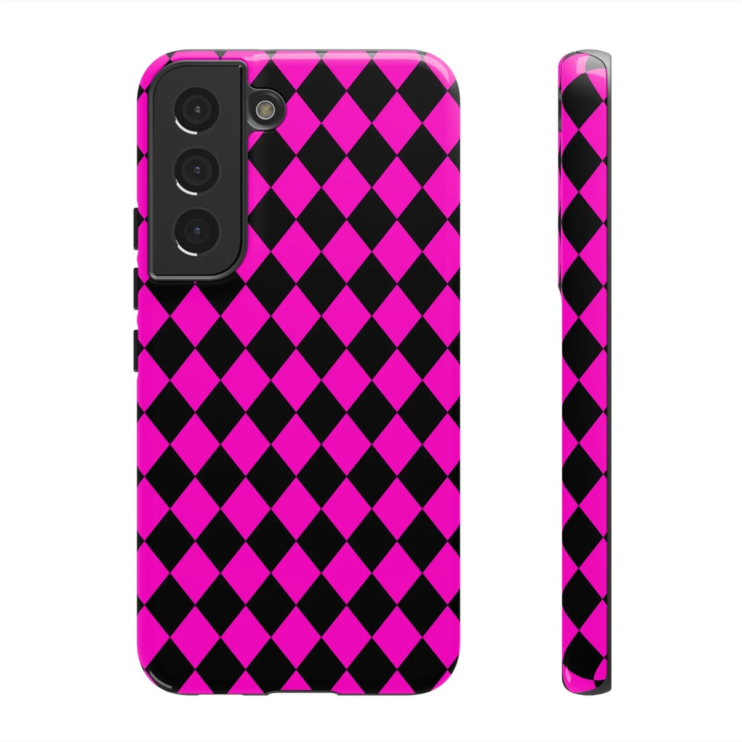 Back side of a vibrant pink black dimond phone case cover designed for samsung galaxy s21 with diamond pattern