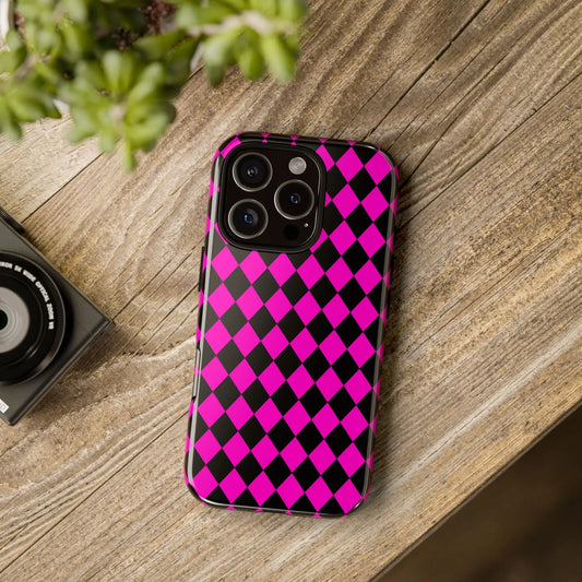 Vibrant pink black dimond phone case cover with diamond pattern shown from the back for iphone google s24 samsung pixel 7