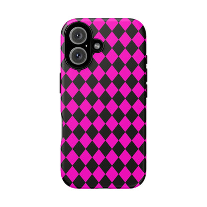 Back side of vibrant pink black dimond phone case cover with sleek protective design for iphone google s24 and samsung pixel 7