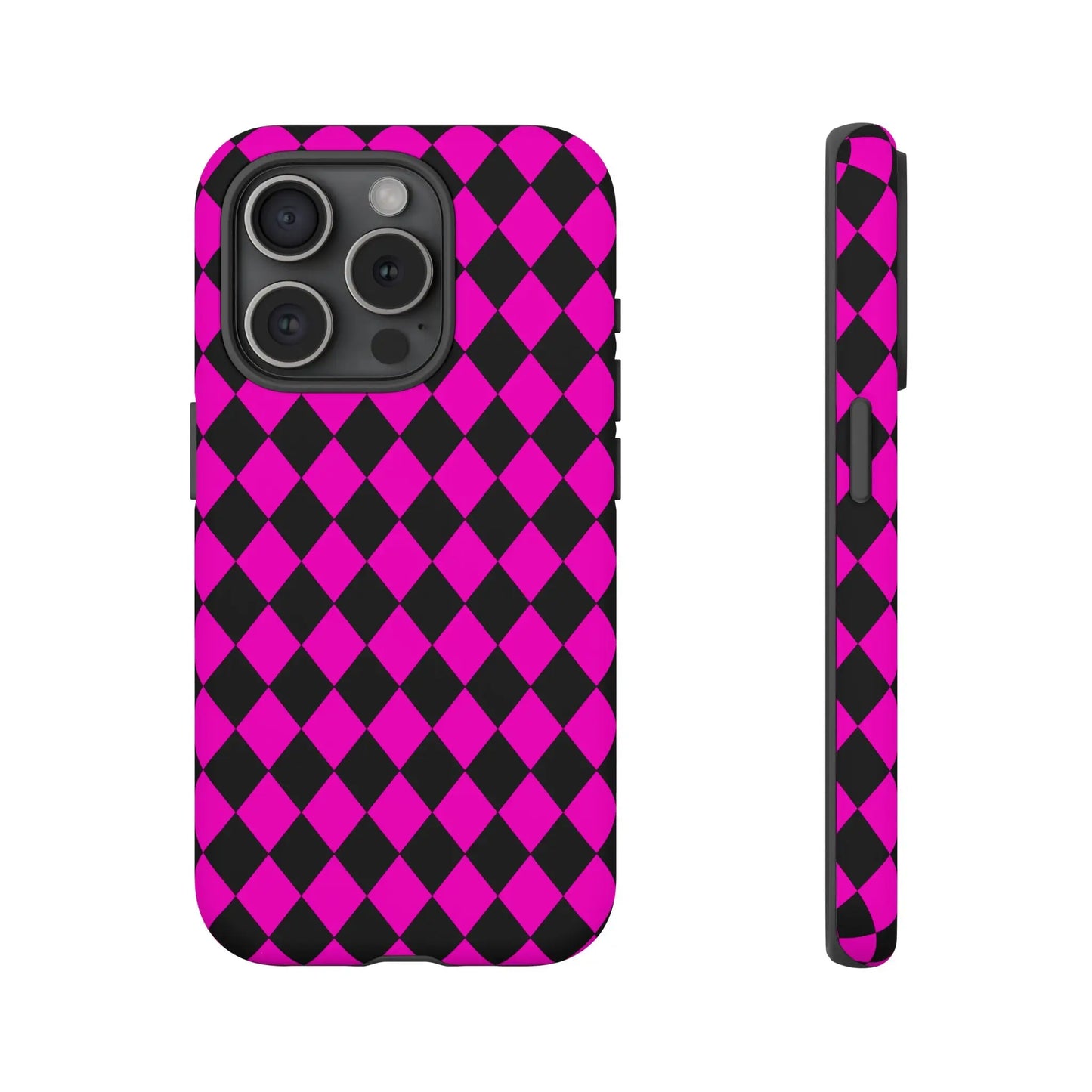 Back view of a vibrant pink black dimond phone case cover designed for iphone 13 pro with diamond pattern