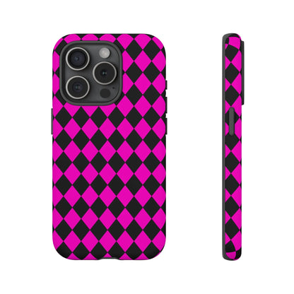 Back view of a vibrant pink black dimond phone case cover designed for iphone 13 pro with diamond pattern