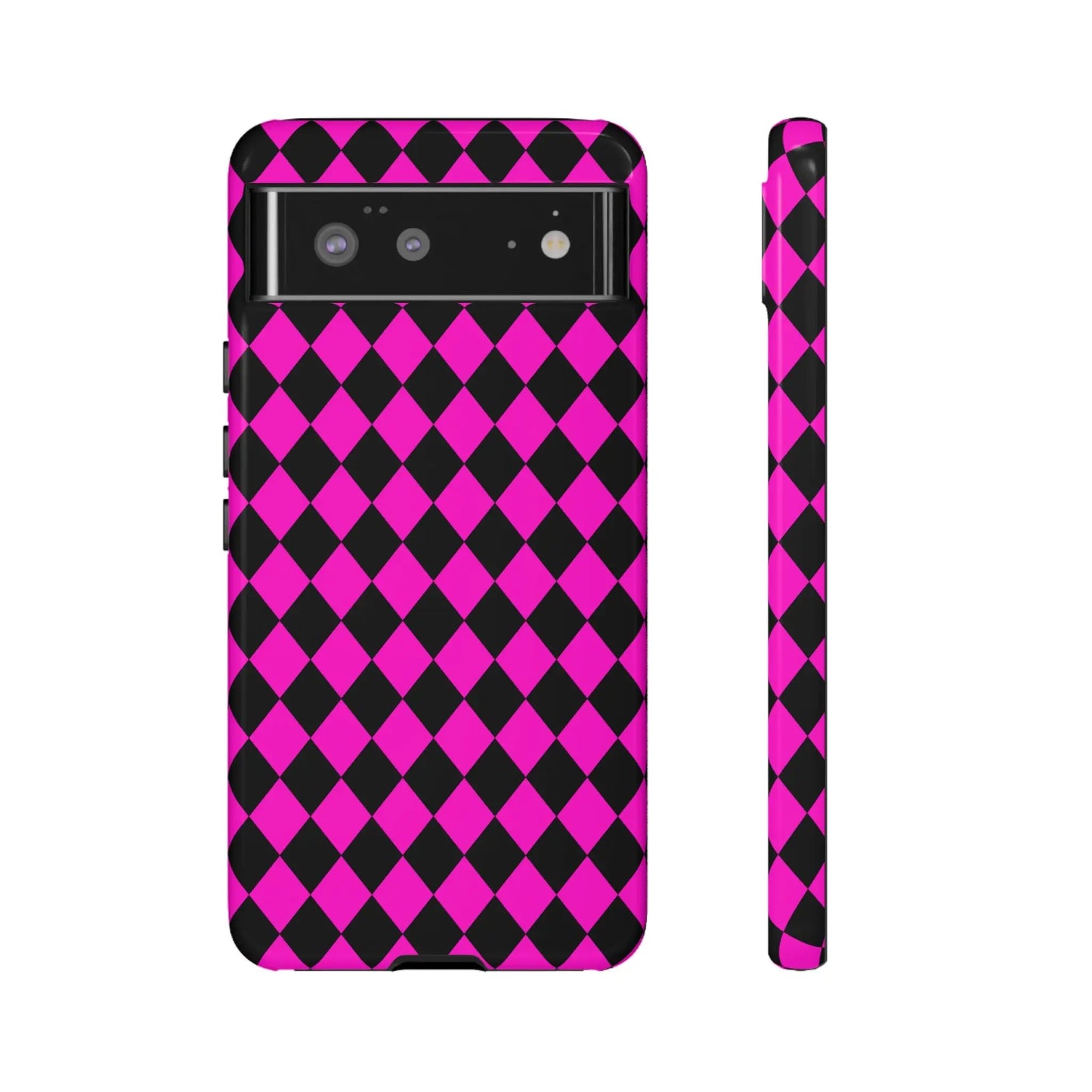 Vibrant pink black dimond harlequin pattern black dimond phone case for google pixel 6a shown from back side