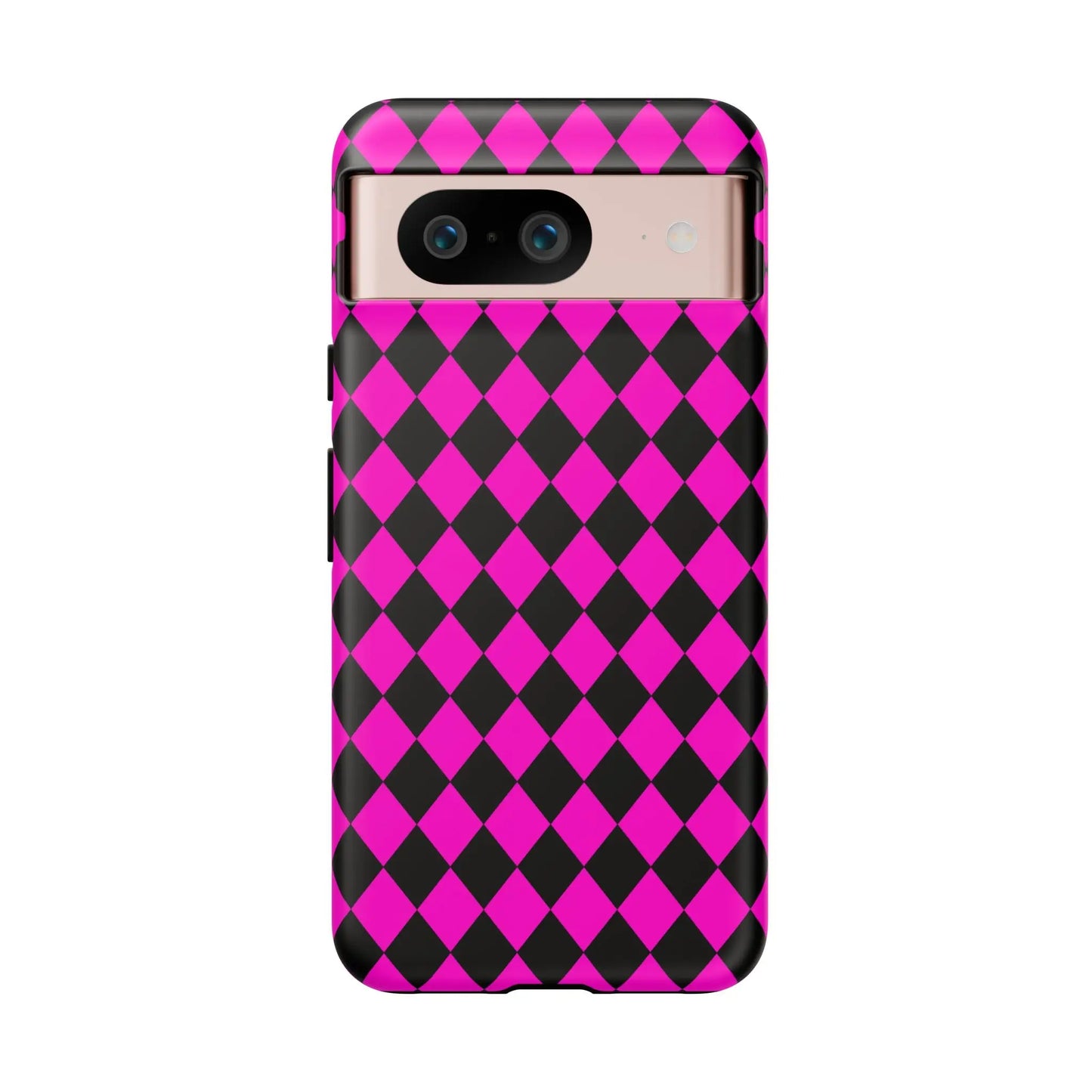 Back side of vibrant pink black dimond phone case cover compatible with iphone google s24 and samsung pixel 7