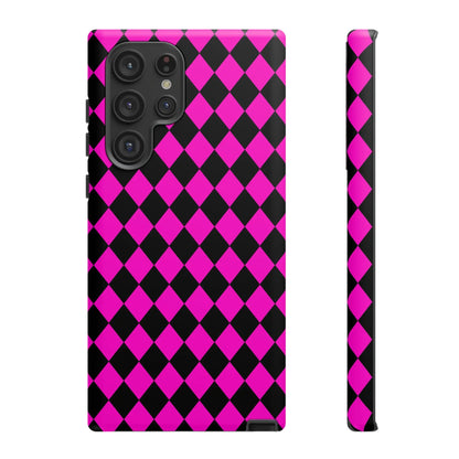 Back side of vibrant pink black dimond phone case cover with glossy finish for iphone google s24 and samsung pixel 7
