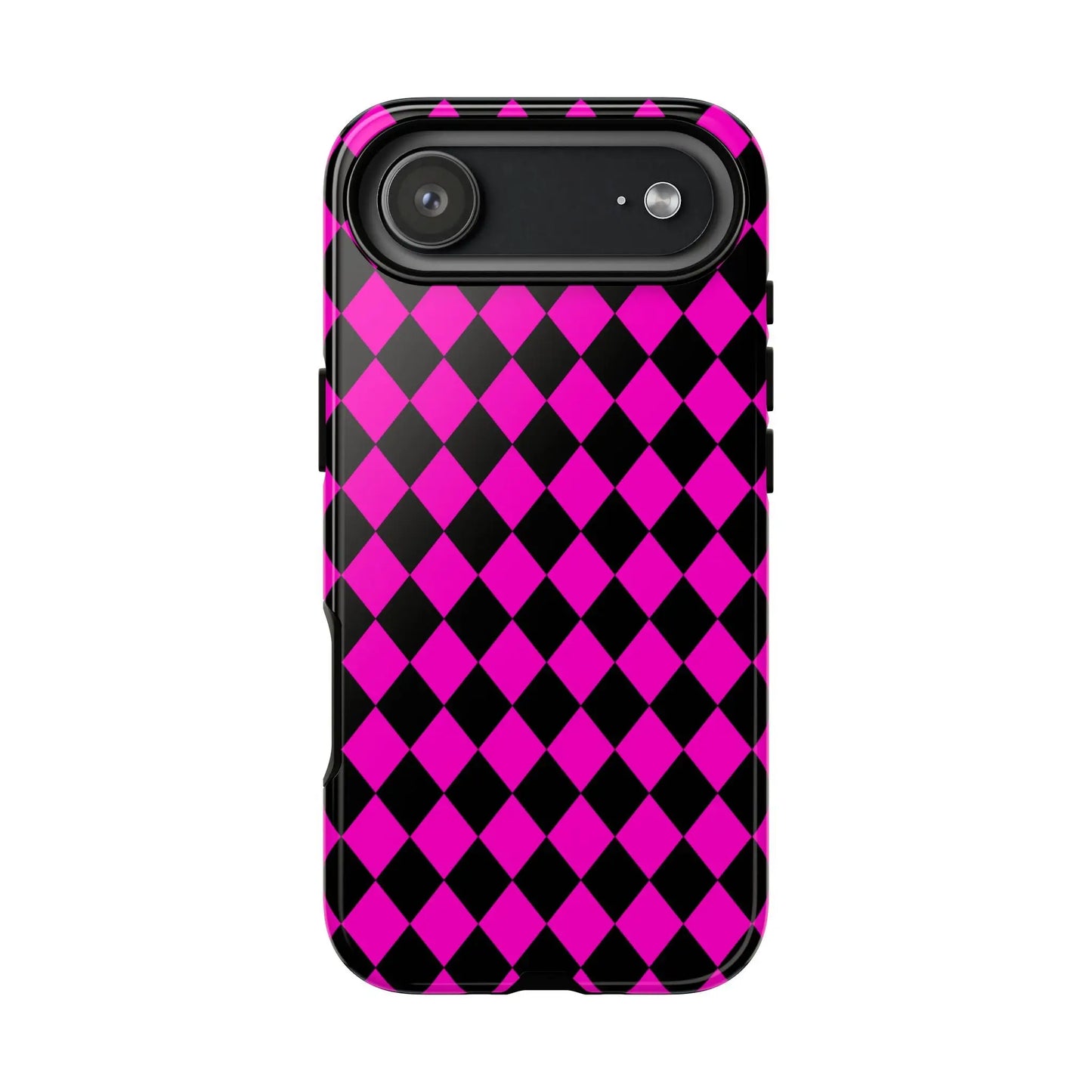 Back side of a vibrant pink black dimond phone case cover with a glossy finish for iphone google s24 and samsung pixel 7