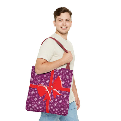Pink christmas tote bag with white snowflake pattern purple fabric and red ribbon bow festive large carryall