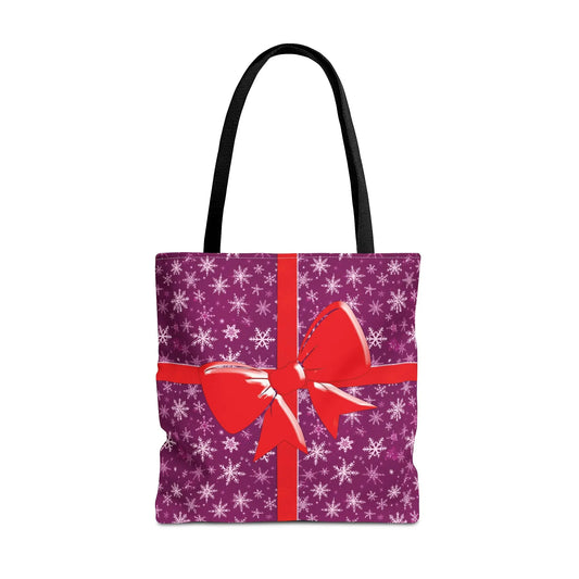 Purple tote bag with black handles featuring festive white snowflakes and red ribbon bow christmas tote bag