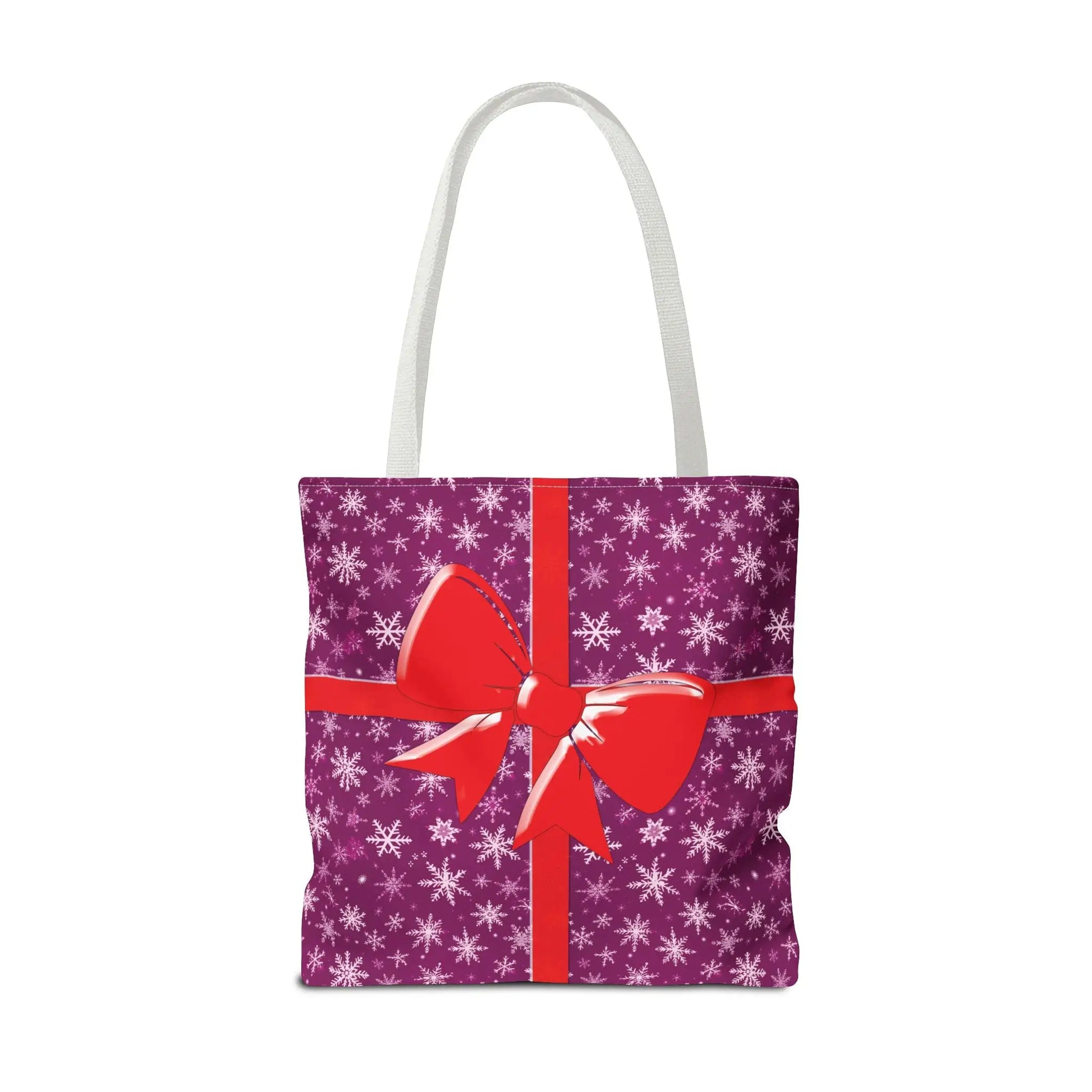 Pink christmas tote bag with white snowflake pattern red bow and white handles festive large carryall