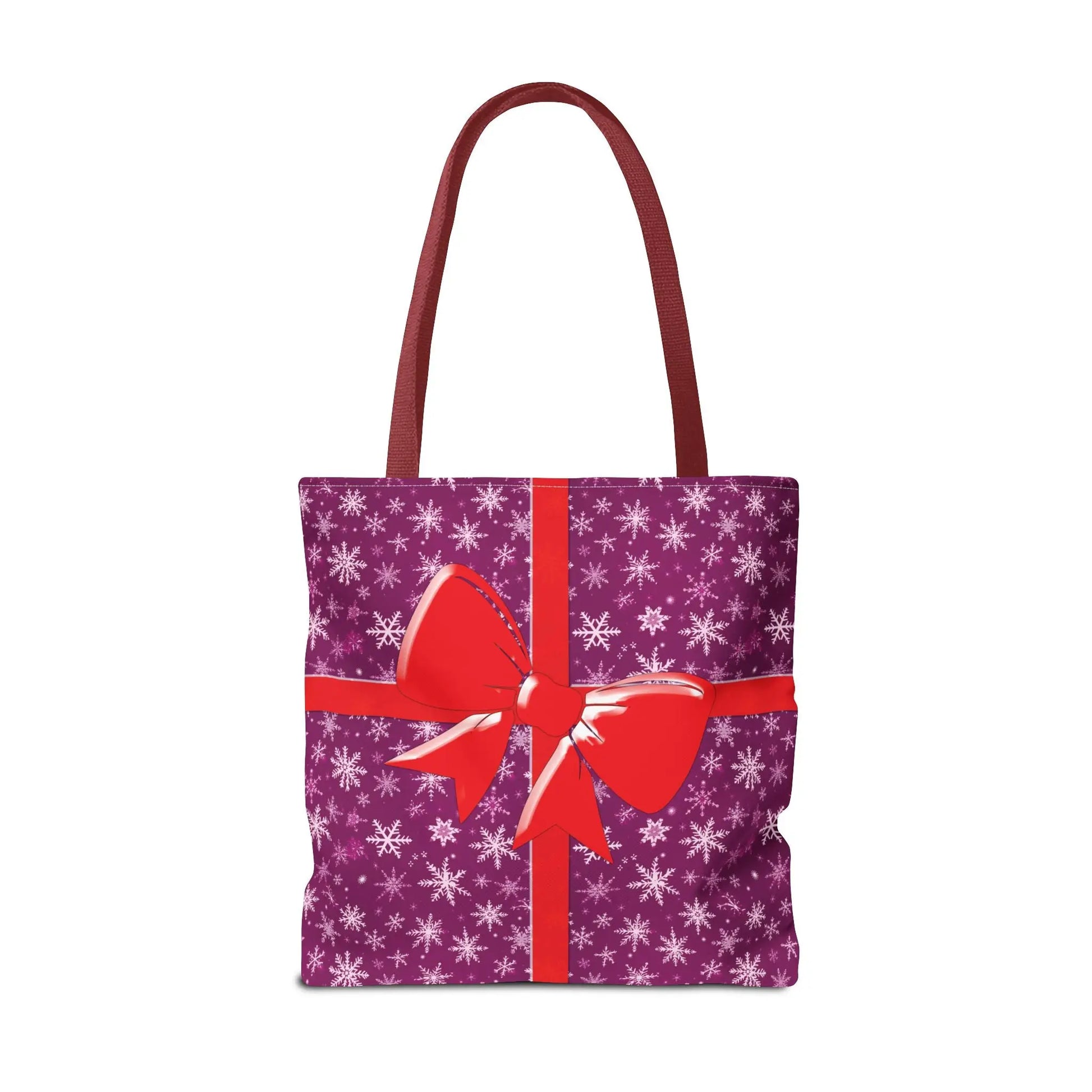 Purple christmas tote bag with white snowflake pattern red bow and burgundy handles festive pink christmas carryall