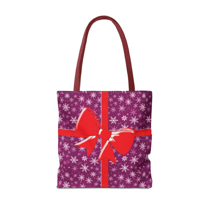 Purple christmas tote bag with white snowflake pattern red bow and burgundy handles festive pink christmas carryall