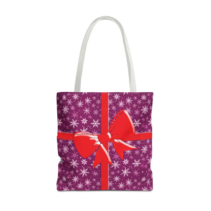 Pink christmas tote bag in purple with white snowflakes red bow and white handles large festive carryall gift bag