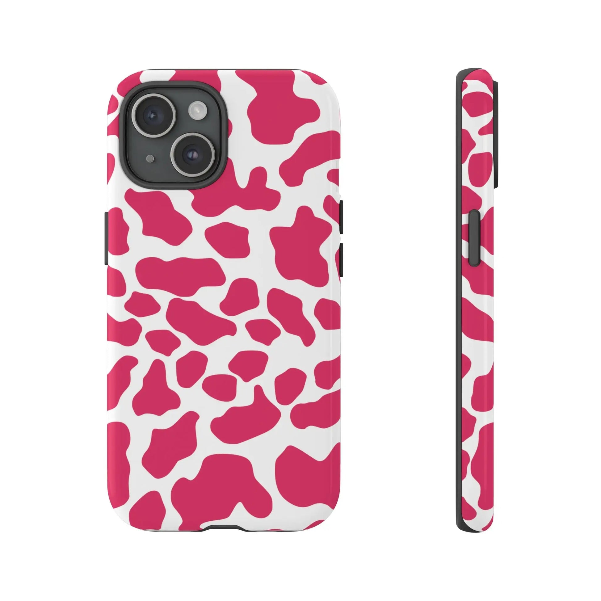 Pink and white cow print phone case back view offering cute tough cases protection with a pink cow print design