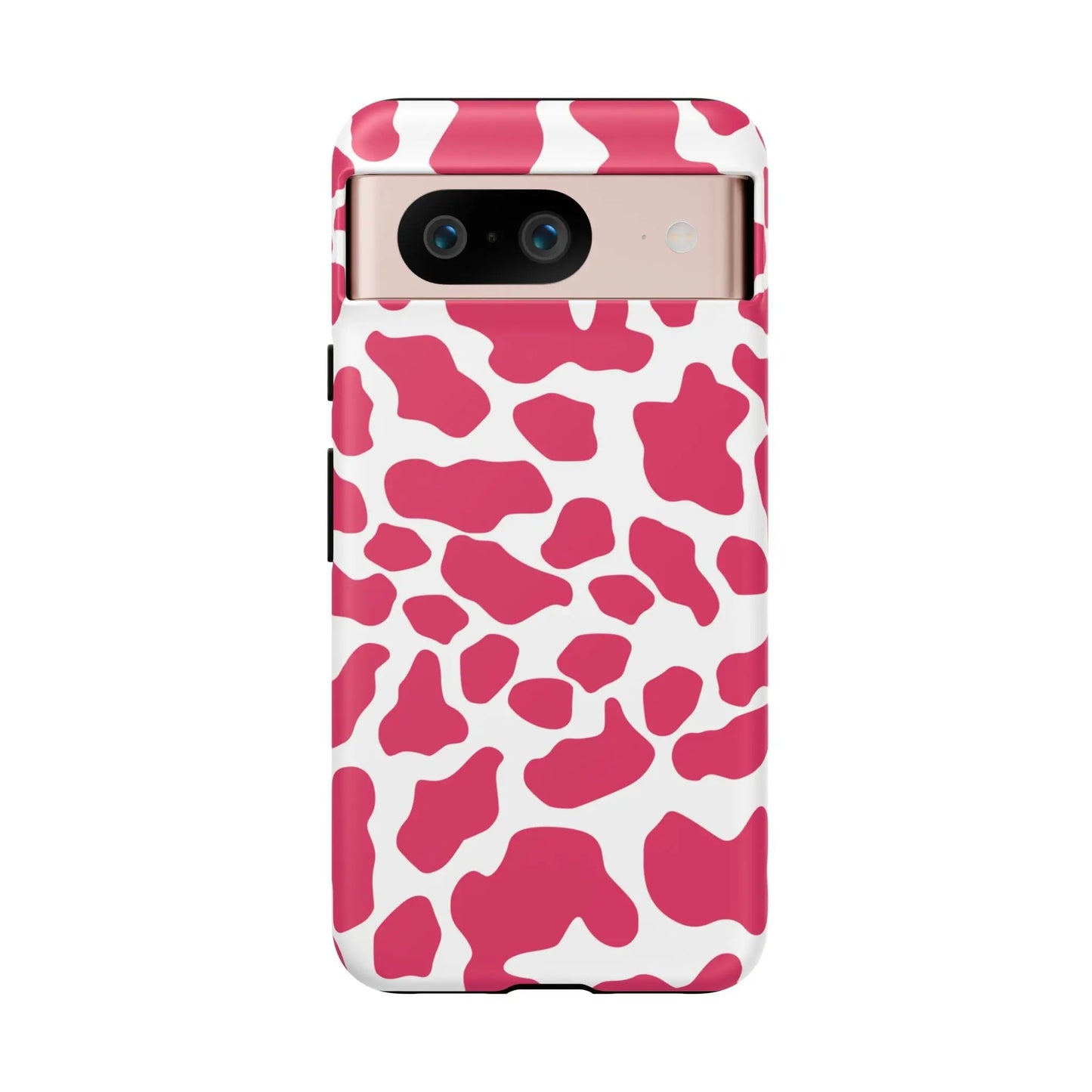 Pink and white cow print phone case back view showing cute tough cases protection design