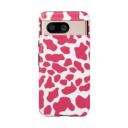 Pink and white cow print phone case back view showing cute tough cases protection design
