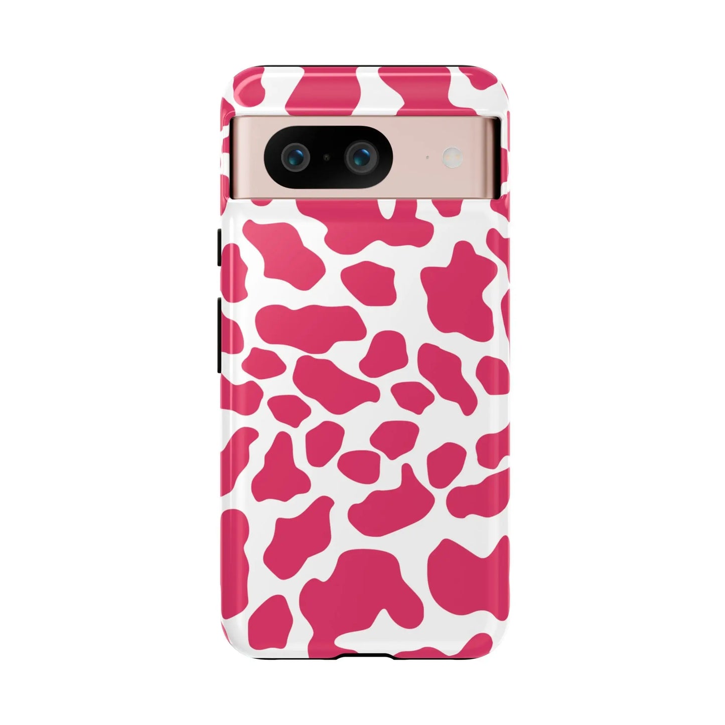 Vibrant pink cow print phone case cover with glossy finish showing back side for cute tough cases protection
