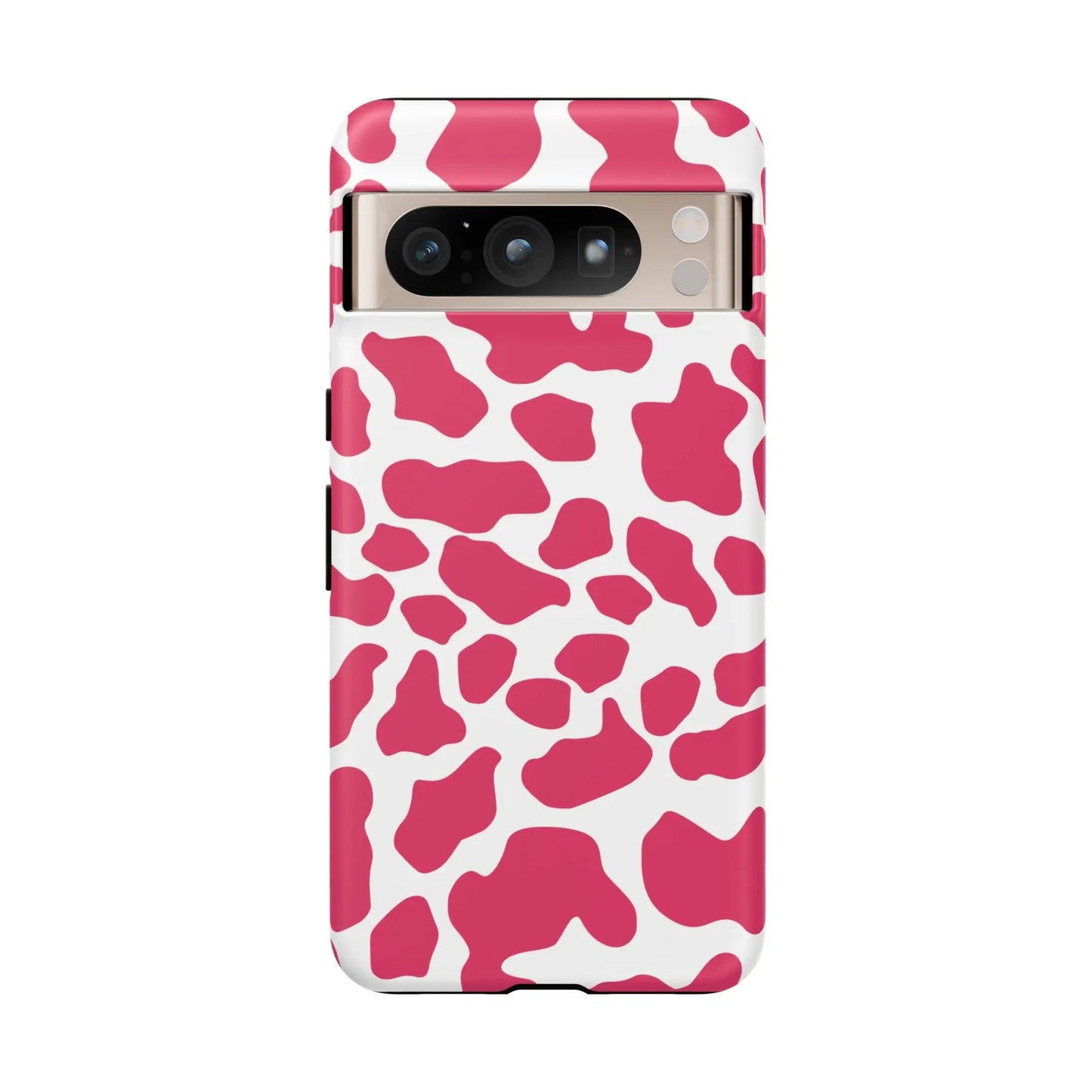 Vibrant pink cow print phone case with white spots sleek tough protective print phone case back view