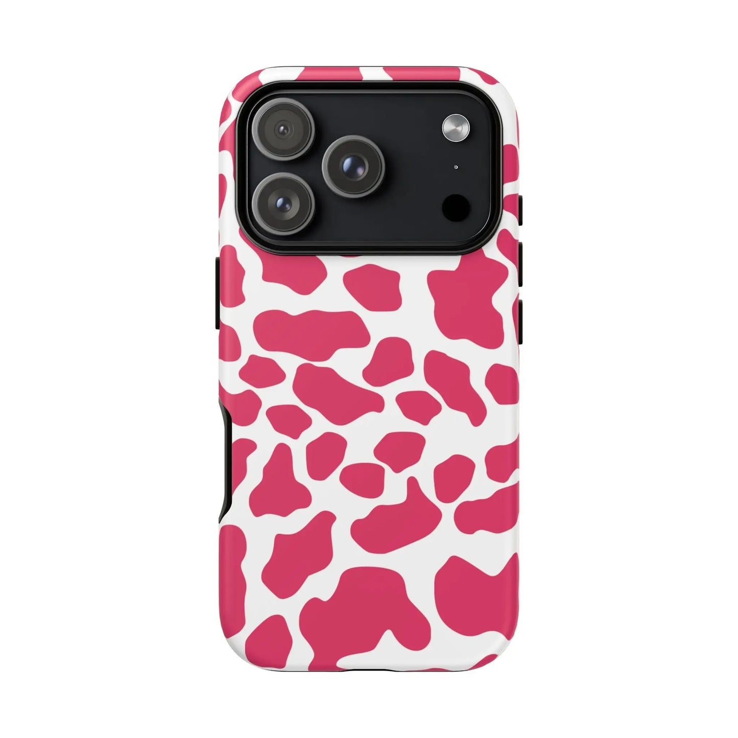 Vibrant pink cow print phone case with white accents featuring a sleek protective design showing the back side