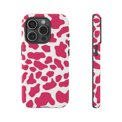 Pink and white cow print phone case back view showing cute tough cases protection design