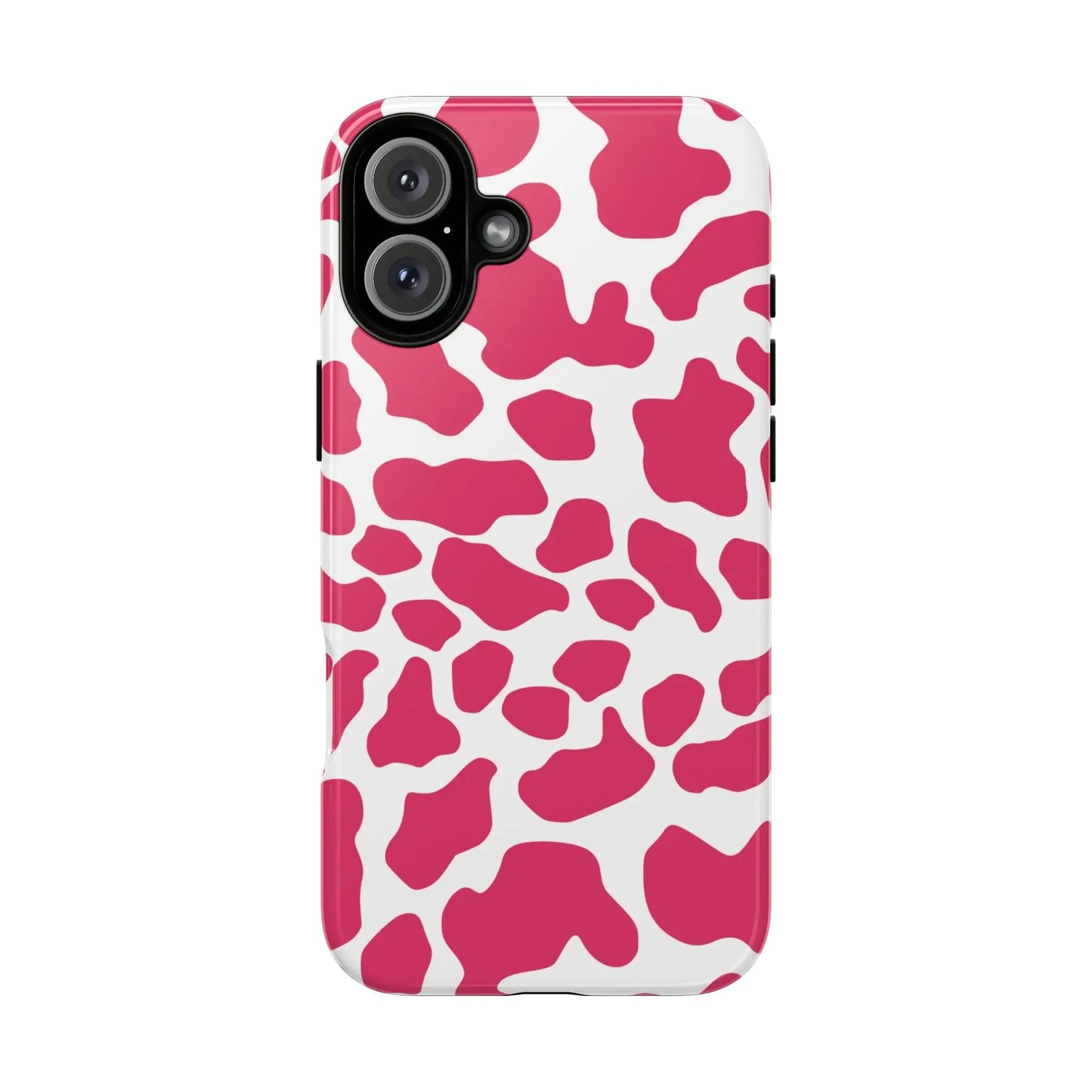 Back side of a vibrant pink cow print phone case cover with white spots and sleek modern design for tough protection