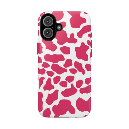 Back side of a vibrant pink cow print phone case cover with white spots and sleek modern design for tough protection
