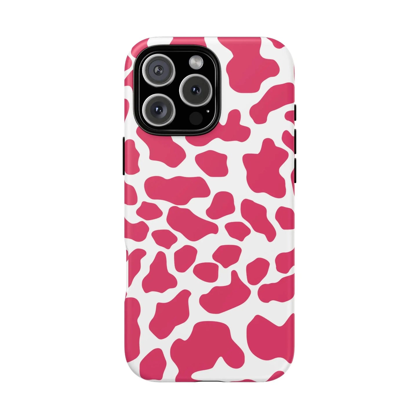 Vibrant pink cow print phone case cover with glossy finish for cute tough cases protection showing back side