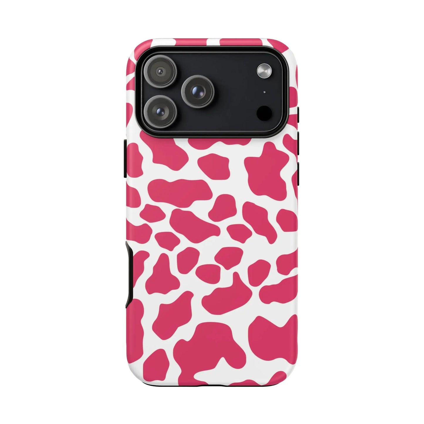 Back side of a sleek pink cow print phone case with white vibrant spots for cute tough cases protection