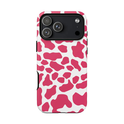 Back side of a sleek pink cow print phone case with white vibrant spots for cute tough cases protection
