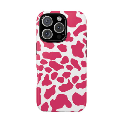 Pink and white cow print phone case back showing cute tough cases protection with pink cow print design