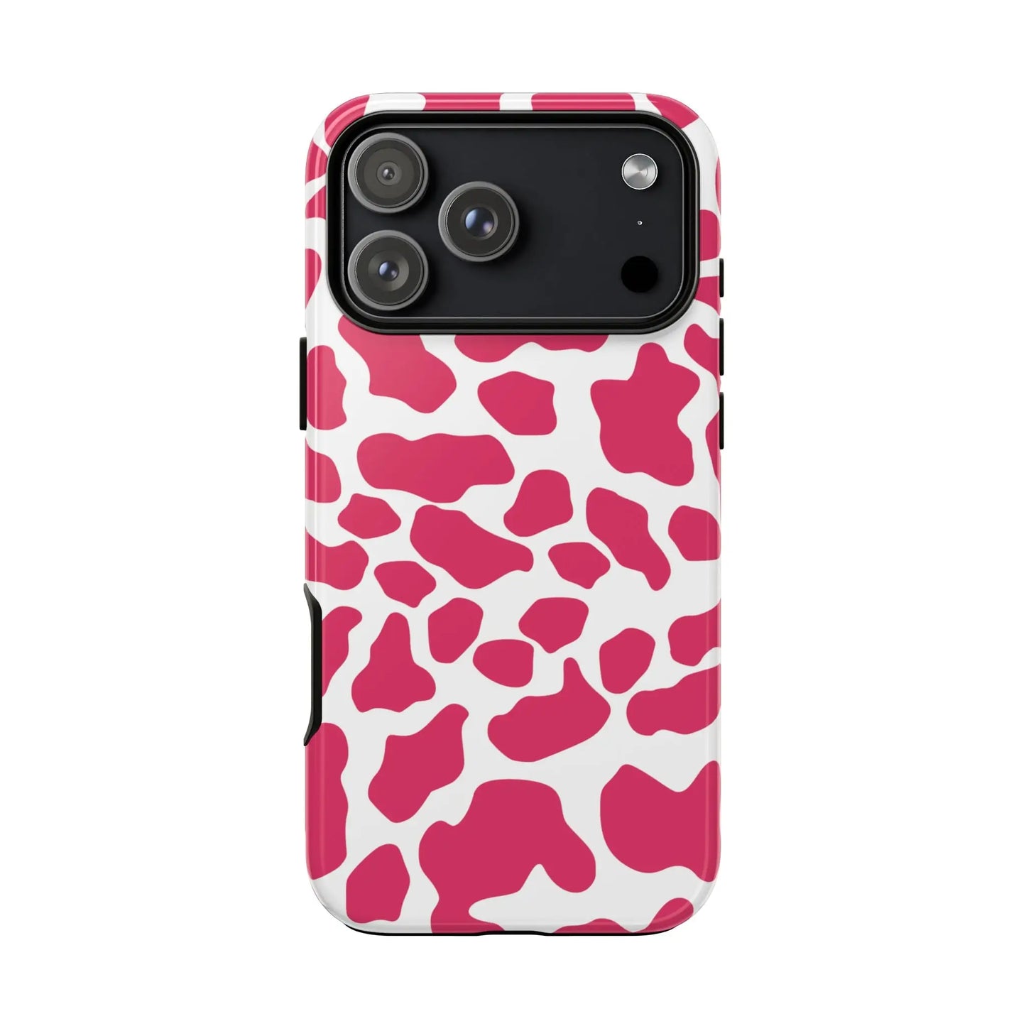 Pink cow print phone case cover with vibrant pink and white design and sleek protective back side for tough protection