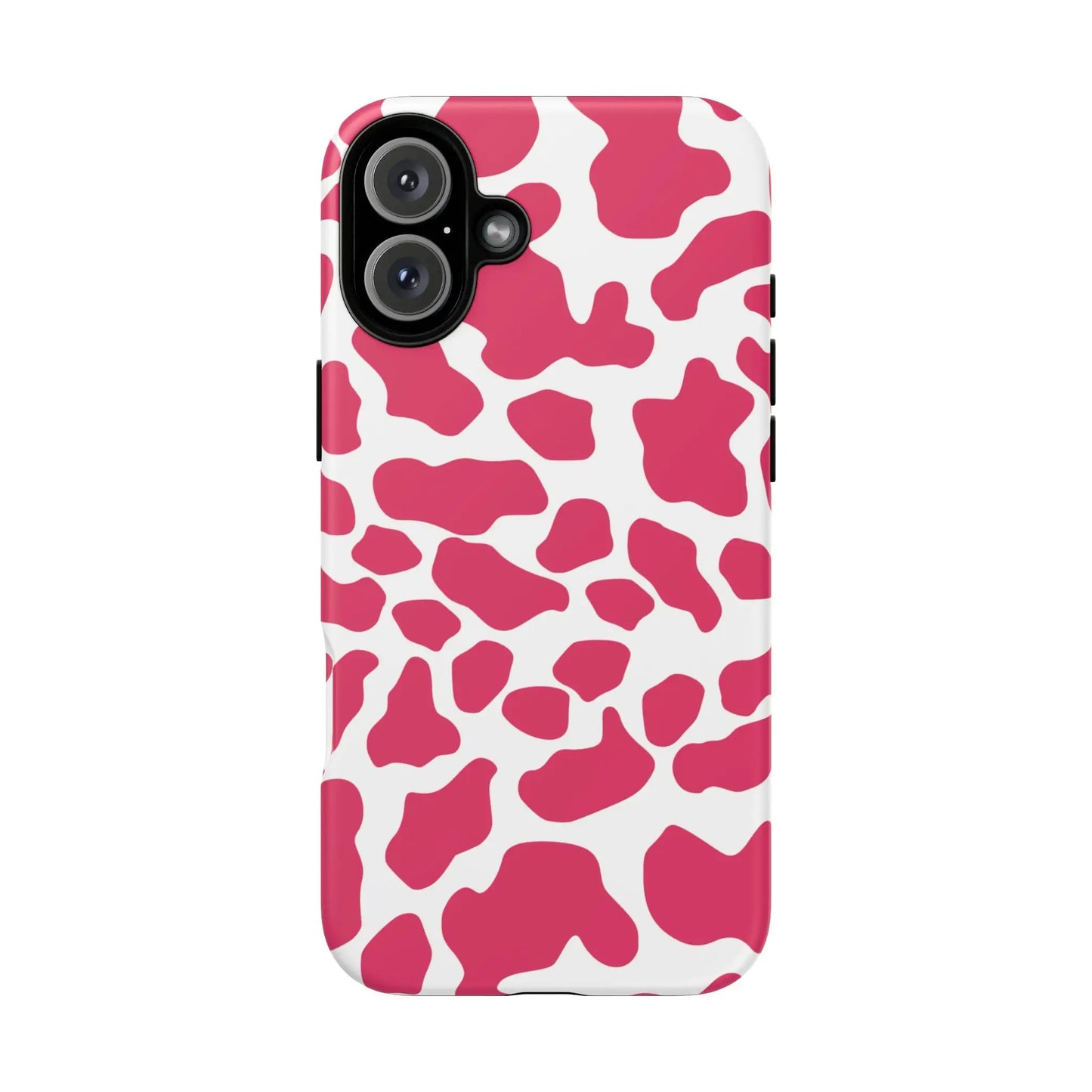 Vibrant pink cow print phone case cover with sleek modern design for cute tough cases protection back side view