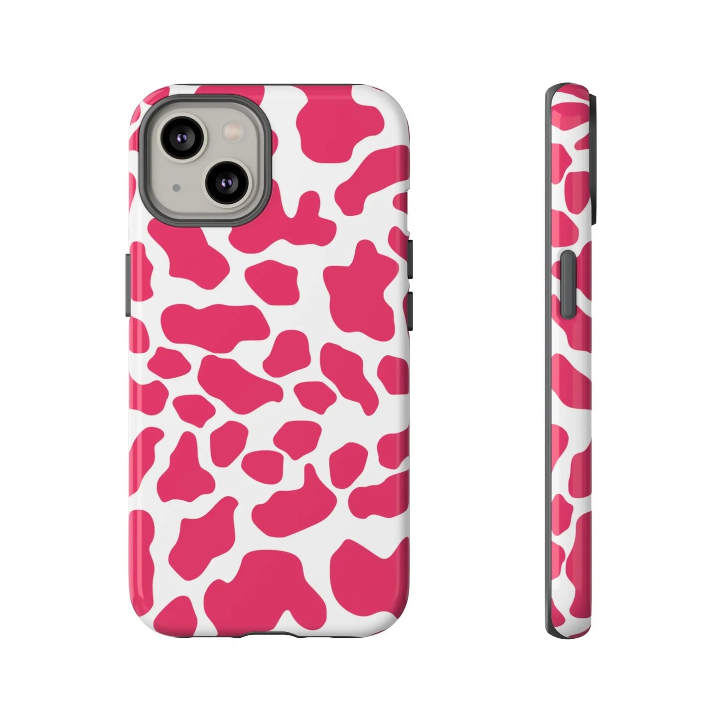 Back side of a pink cow print phone case cover featuring a cute tough design for protection