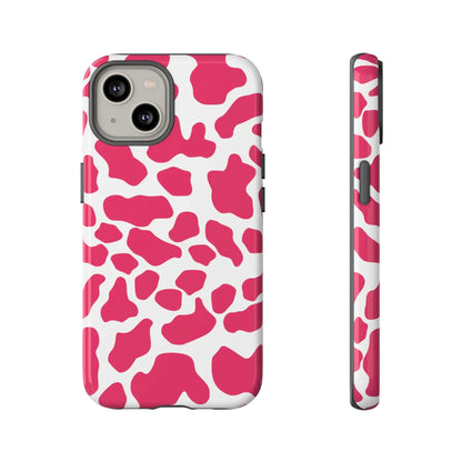 Back side of a pink cow print phone case cover featuring a cute tough design for protection