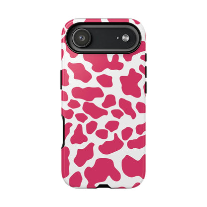 Pink and white cow print phone case back showing cute tough print phone case protection design