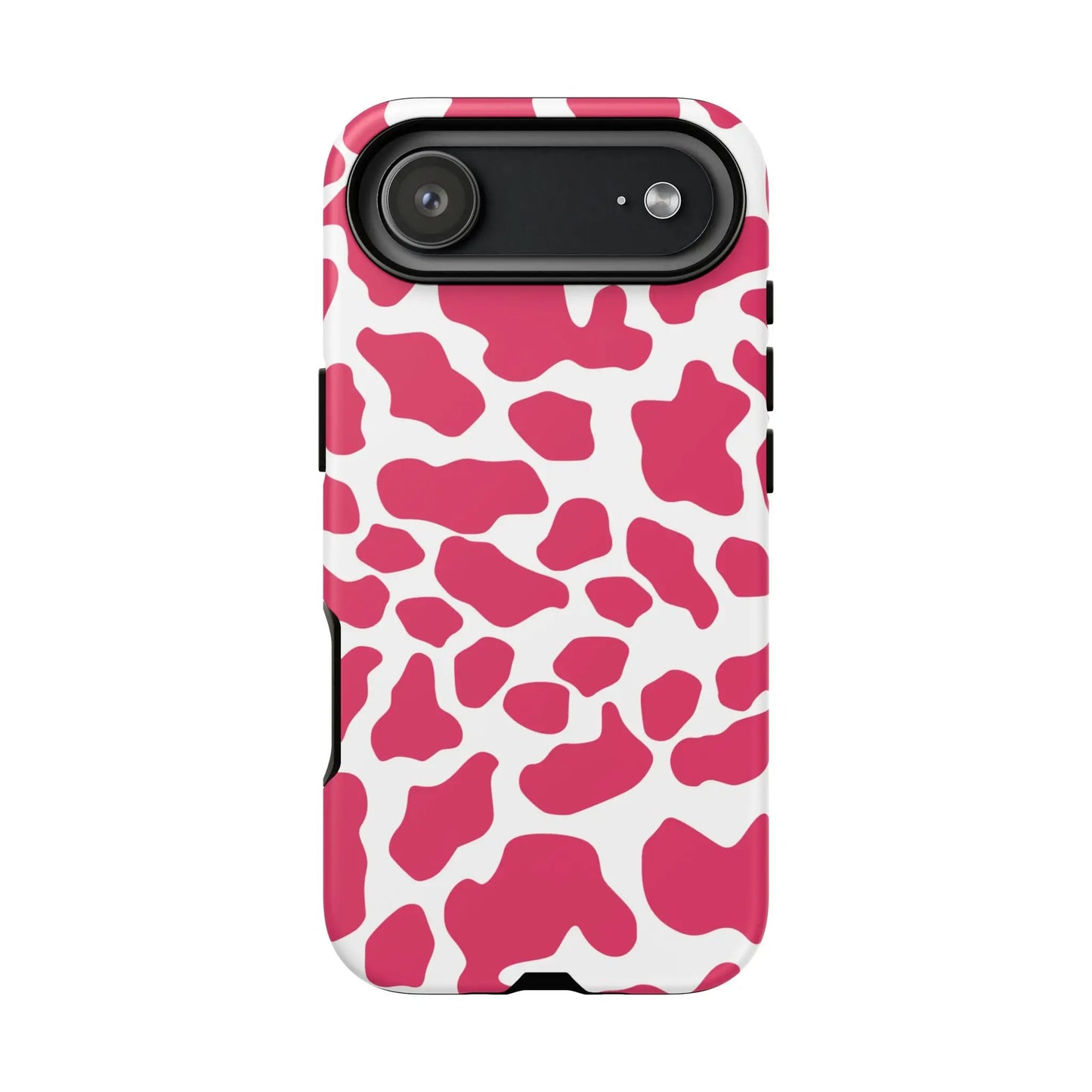 Pink and white cow print phone case back side for cute tough cases protection with pink cow print design