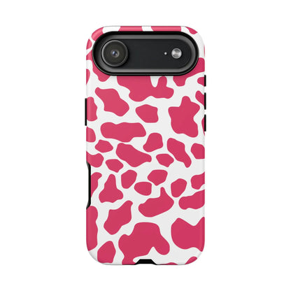 Pink and white cow print phone case back side for cute tough cases protection with pink cow print design