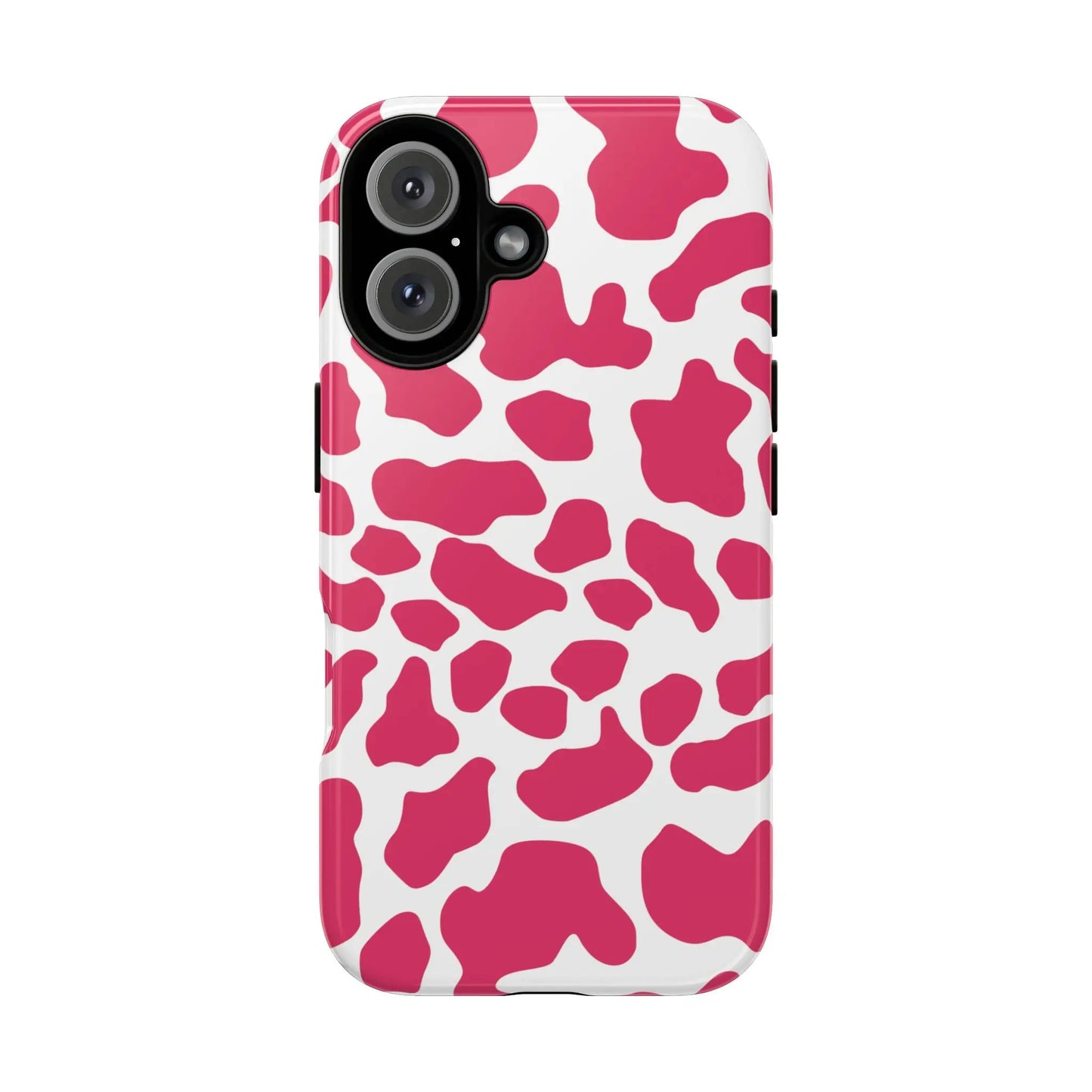 Back side of a vibrant pink cow print phone case cover with a sleek modern design offering cute tough protection