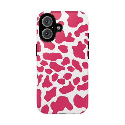 Back side of a vibrant pink cow print phone case cover with a sleek modern design offering cute tough protection
