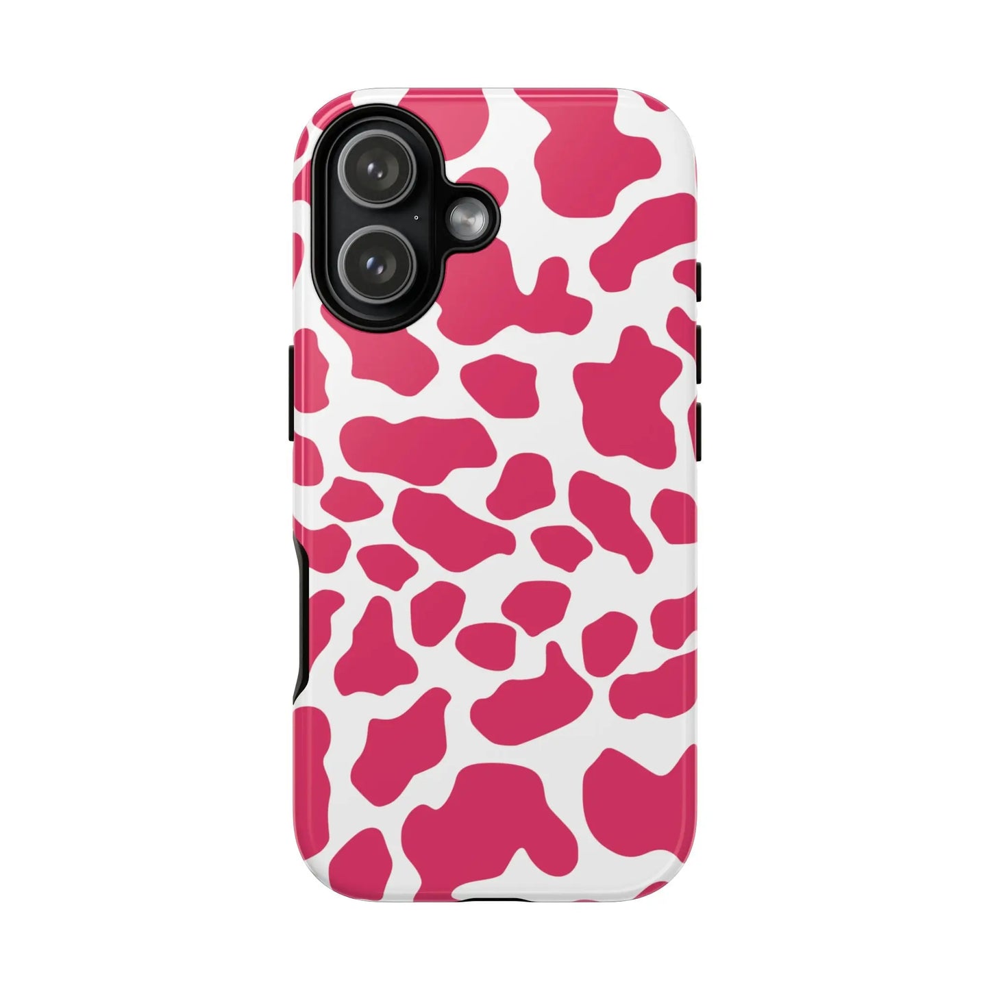 Pink and white cow print phone case back showing cute tough cases protection design for pink cow print phone use