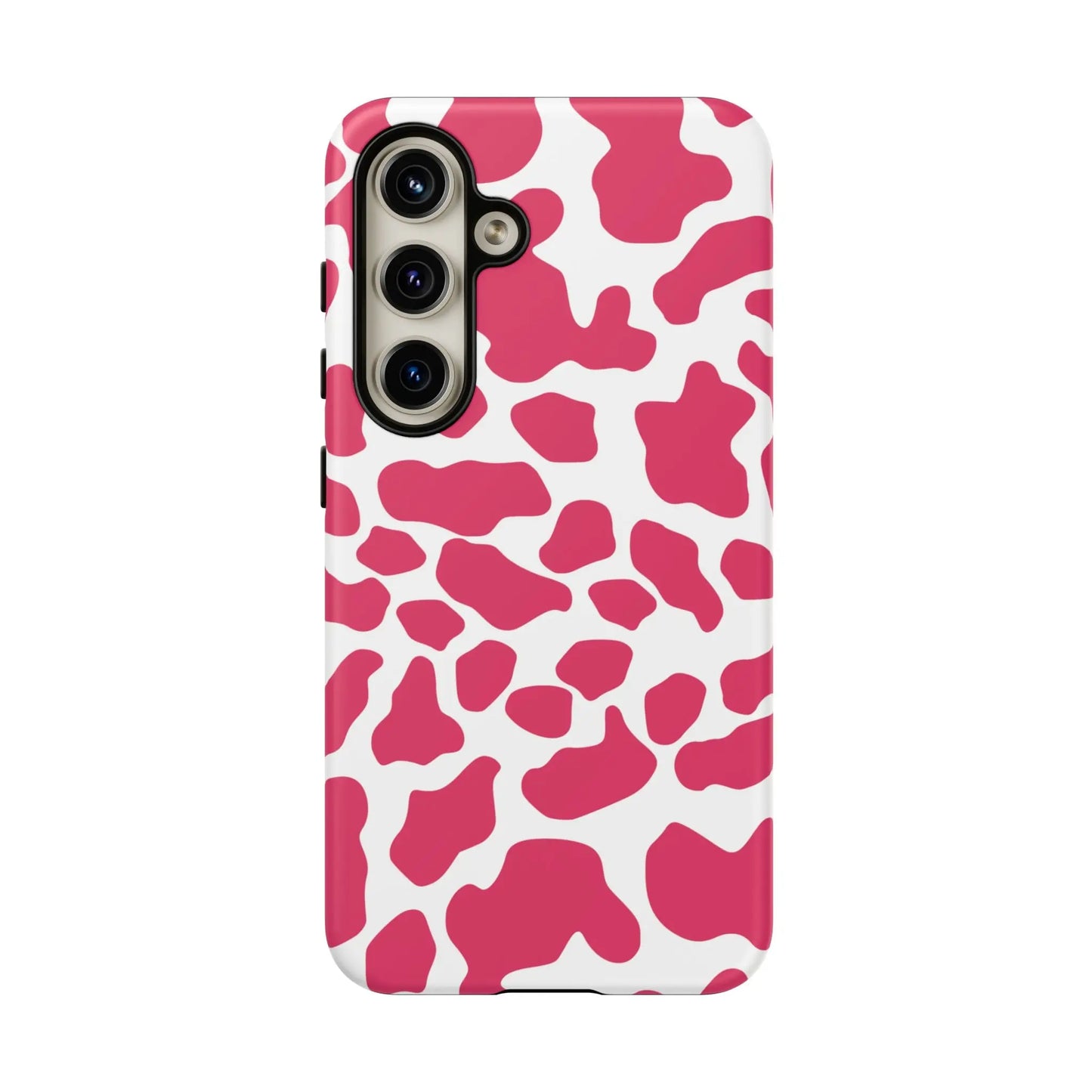 Back side of a vibrant pink cow print phone case cover for samsung galaxy s23 series offering cute tough protection
