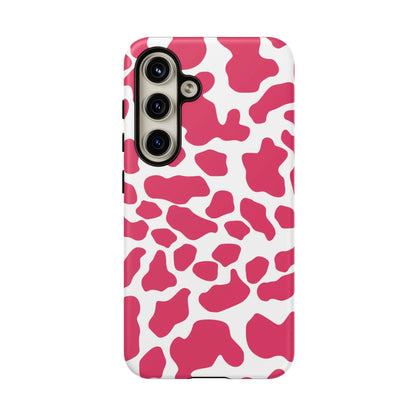 Back side of a vibrant pink cow print phone case cover for samsung galaxy s23 series offering cute tough protection
